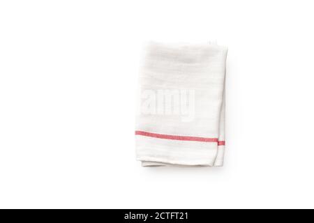Flat lay with white linen kitchen napkin with red stripe isolated on white background. Top view with folded cloth for mockup with copy space Stock Photo