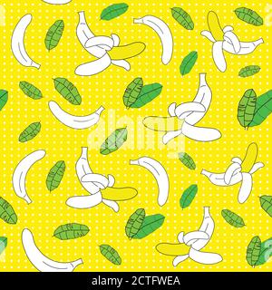 Seamless Pop Art of yellow bananas randomly distributed on a yellow background. Cartoon retro pattern for textile, magazine covers. Vector illustratio Stock Vector