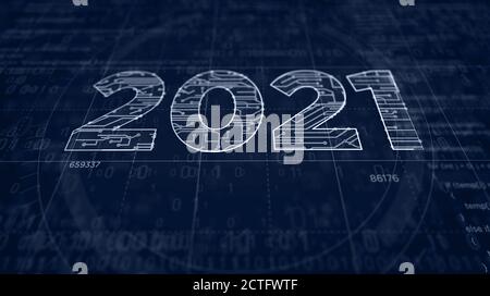 2021 year number project creating. Abstract concept 3d illustration. Drawing digital scheme line. Stock Photo