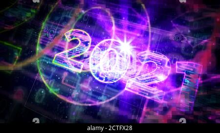 2021 year number project creating. Abstract concept 3d illustration. Drawing digital scheme line. Stock Photo