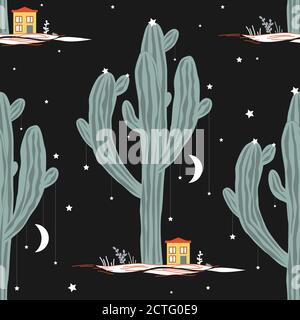 Vector seamless pattern with high saguaro cactus and little houses. Mexican fairy landscape, print for cards or textile Stock Vector