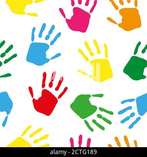 Seamless pattern with rainbow colored hand prints on white background. Vector illustration. Stock Vector