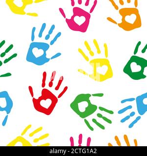 Seamless pattern with rainbow colored hand prints with white hearts on white background. Vector illustration. Stock Vector