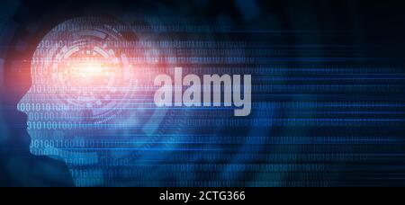 Hologram Of Human Head Silhouette With Brain, Blue Digital Background Stock Photo