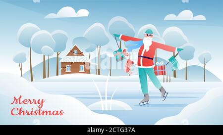 Merry Christmas vector illustration. Cartoon flat winter greeting card with Santa Claus ice skating and holding Xmas socks with Christmas present gifts in hands, snow landscape wintertime background Stock Vector