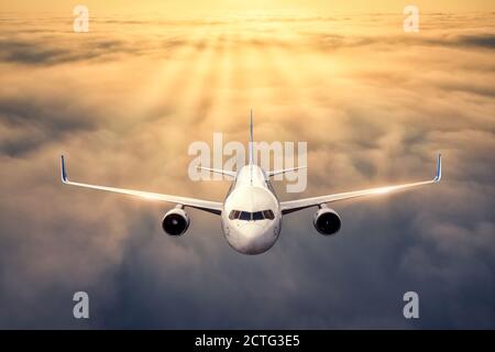 Airplane is flying above the clouds at sunset in summer