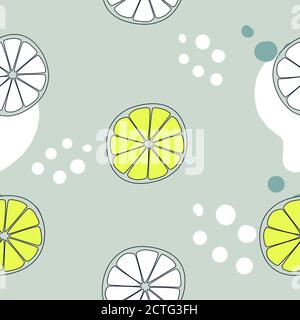 Seamless pattern with yellow and white lemons and dots on gray background. Abstract vector illustration Stock Vector