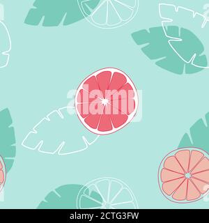 Seamless pattern slice orange or grapefruit fruits on green blue background. Vector illustration. Stock Vector