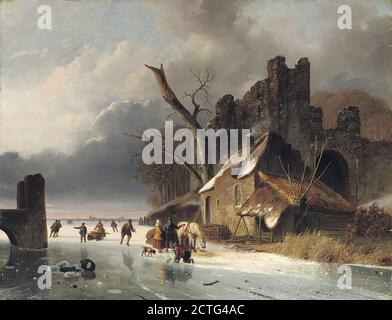 Roosenboom Nicolaas Johannes - Townspeople on the Ice by a Ruin - Dutch School - 19th  Century Stock Photo