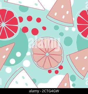 Seamless pattern with watermelon and oranges in trendy colors. Pink and green-blue colors Stock Vector