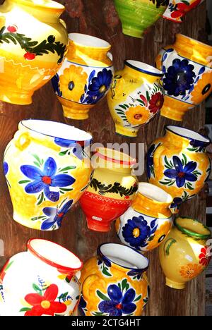 Ceramic pots for sale in a shop doorway, Frigiliana, Spain. Stock Photo