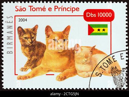 SAO TOME AND PRINCIPE - CIRCA 2004: A stamp printed in Sao Tome and Principe from the 'Cats' issue shows Burmese, circa 2004. Stock Photo