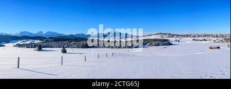 Fresh new snow and a cold winter morning in the Allgäu - impressions from the bavarian foothills of the Alps near Seeg. Stock Photo