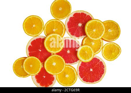 citrus slice, oranges and grapefruits on white background. Fruits backdrop Stock Photo