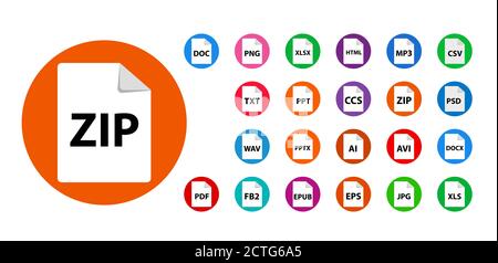 Collection of vector icons. File format extensions icons. PDF, MP3, TXT, Stock Vector