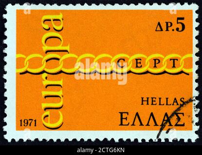 GREECE - CIRCA 1971: A stamp printed in Greece from the 'Europa' issue shows Europa chain, circa 1971. Stock Photo