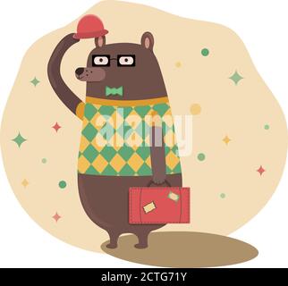 Cartoon hand-drawn bear having a journey. Cartoon traveler, tourist. Stock Vector