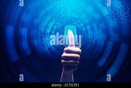 Woman Pushing Button On Virtual Panel Over White Background, Cropped Stock Photo