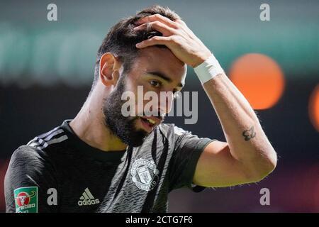 Luton, UK. 07th July, 2020. Bruno Fernandes of Manchester United (18) during the Carabao Cup match between Luton Town and Manchester United behind closed doors at Kenilworth Road, Luton, England on 22 September 2020. Photo by David Horn. Credit: PRiME Media Images/Alamy Live News Stock Photo