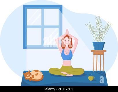 Young woman sitting in a yoga posture and meditating. Girl performing aerobics exercise and morning meditation at home. Physical and spiritual practice. Stock Vector