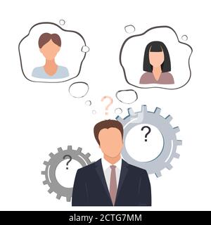 Employer chooses from two woman employees or applicants, vector illustration. Looking for good worker. Leader. HR, HRM, HRD concepts Stock Vector