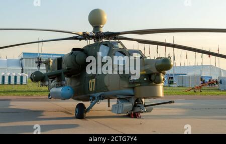 August 30, 2019. Zhukovsky, Russia. Russian attack helicopter Mil Mi-28 at the International Aviation and Space Salon MAKS 2019. Stock Photo