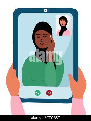 Two arabian women in hijab are on the tablet device screen. Female Hands are holding smartphone with video call. Muslim. Friendship. vector Stock Vector