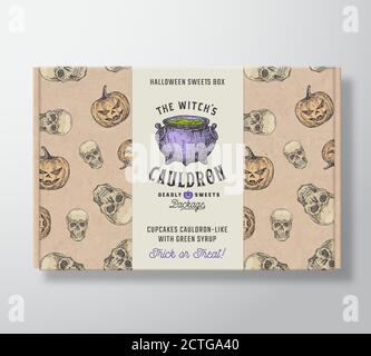 Halloween Sweets Pattern Realistic Cardboard Box with Banner. Abstract Vector Packaging Design or Label. Hand Drawn Witch Cauldron, Pumpkins and Stock Vector