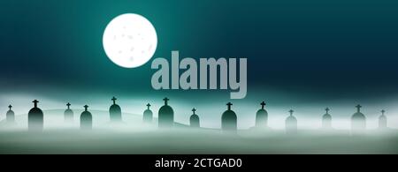 Spooky halloween cemetery in the night. Stock Vector