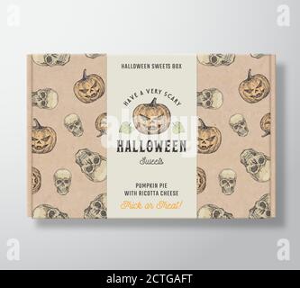 Halloween Sweets Pattern Realistic Cardboard Box with Banner. Abstract Vector Packaging Design or Label. Hand Drawn Witch Pumpkins and Sculls Sketches Stock Vector