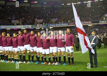 ENGLAND TEAM SING THE NATIONAL ANTHEM. SCOTLAND v ENGLAND, SIX NATIONS CHAMPIONSHIP, MURRAYFIELD. Picture : © Mark Pain / Alamy Stock Photo