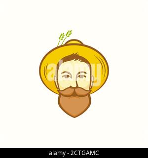Farmer Abstract Vector Sign, Symbol or Logo Template. Bearded Young Man Face with Moustache in Gardener Hat. Vegan or Vegetarian Emblem Hipster Stock Vector