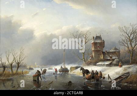 Spohler Jan Jacob - Skaters on a Frozen River 3 - Dutch School - 19th  Century Stock Photo