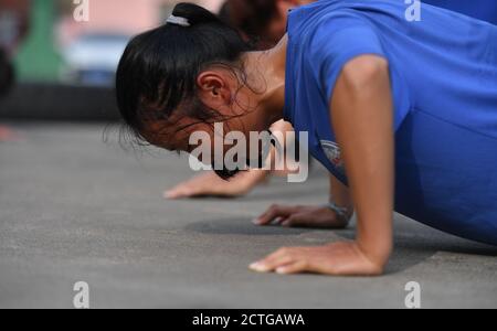 Yichun. 15th Sep, 2020. Photo taken on Sept. 15, 2020 shows athletes from Yichun Aquatic Sports Base attending the strength training in Yichun, east China's Jiangxi Province. Founded in 1999, Yichun Aquatic Sports Base aims at the back-up personnel cultivation for rowing and canoe events. Credit: Hu Chenhuan/Xinhua/Alamy Live News Stock Photo