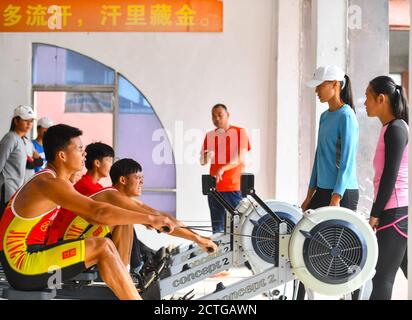 Yichun. 15th Sep, 2020. Photo taken on Sept. 15, 2020 shows athletes from Yichun Aquatic Sports Base attending the strength training in Yichun, east China's Jiangxi Province. Founded in 1999, Yichun Aquatic Sports Base aims at the back-up personnel cultivation for rowing and canoe events. Credit: Hu Chenhuan/Xinhua/Alamy Live News Stock Photo