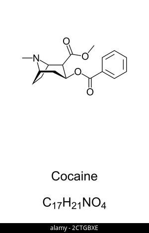 Cocaine, also known as coke, chemical structure. A strong stimulant and addictive recreational drug. Stock Photo
