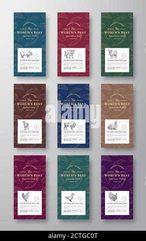 Premium Quality Meat and Poultry Labels Set. Abstract Vector Packaging Design or Cards. Modern Typography and Hand Drawn Domestic Animals Silhouette Stock Vector