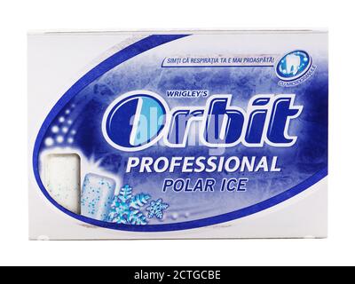 BUCHAREST, ROMANIA - APRIL 4, 2016. Orbit Polar Ice chewing gum pack isolated on white, produced by the Wrigley Stock Photo