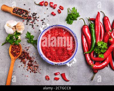 red hot sauce pepper, ingredients, spices Stock Photo