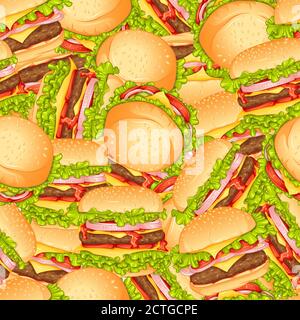 Seamless vector pattern with burger. Fast food pattern. American cuisine. Food design elements, for business related to the food industry. Design for wrapping, textile, print Stock Vector