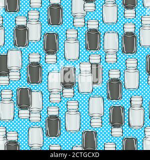 Cartoon colorful bright salt shaker and pepper shaker on blue background seamless pattern. Vector illustration in pop art style texture for restaurant or cafe menu banner, textile, wrapping paper Stock Vector