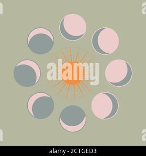 Abstract contemporary aesthetic background with Moon phases, with the sun. Boho wall decor. Modern minimalist art print. Organic natural shape. Magic Stock Vector