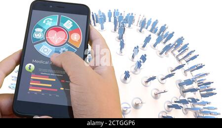 3D rendering of a healthcare app and a group of people Stock Photo
