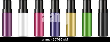 Deodorant cosmetic bottles with lids different color set. Vector illustration of cosmetics mockup product. Glossy plastic or glass container with blac Stock Vector