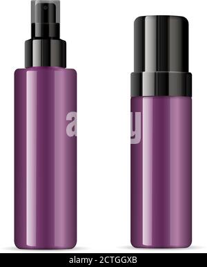 Set of purple cosmetic glossy plastic or glass bottles with black dispenser spray pump. Sprayer Liquid containers for gel, lotion, cream, serum, base. Stock Vector
