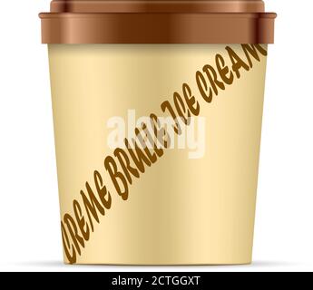 Open light brown Paper or Plastic creme brulle Cup with black lid For Dessert, Yogurt, Ice Cream, Sour cream Or Snack. Tub Food Container Illustration Stock Vector