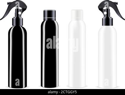 Spray bottles in black and white colour. Different sprayer lids. Cosmetic bottles mockup set. EPS10 vector illustration. Stock Vector