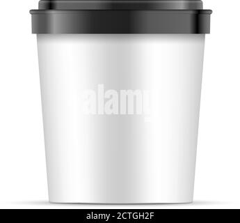 Open white Paper or Plastic Cup with black lid For Dessert, Yogurt, Ice Cream, Sour cream Or Snack. Tub Food Container Illustration Isolated On White Stock Vector