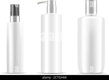 Three cosmetic bottles set in white color. Clean design easy to use. Different type of Jars with silver plastic caps. Dispenser pump, spray lids. Eps Stock Vector