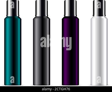 Cosmetic bottles with caps mockup packaging set. Jars for deodorant, spray, serum, hair repair product. Different color containers: green,violet,black Stock Vector